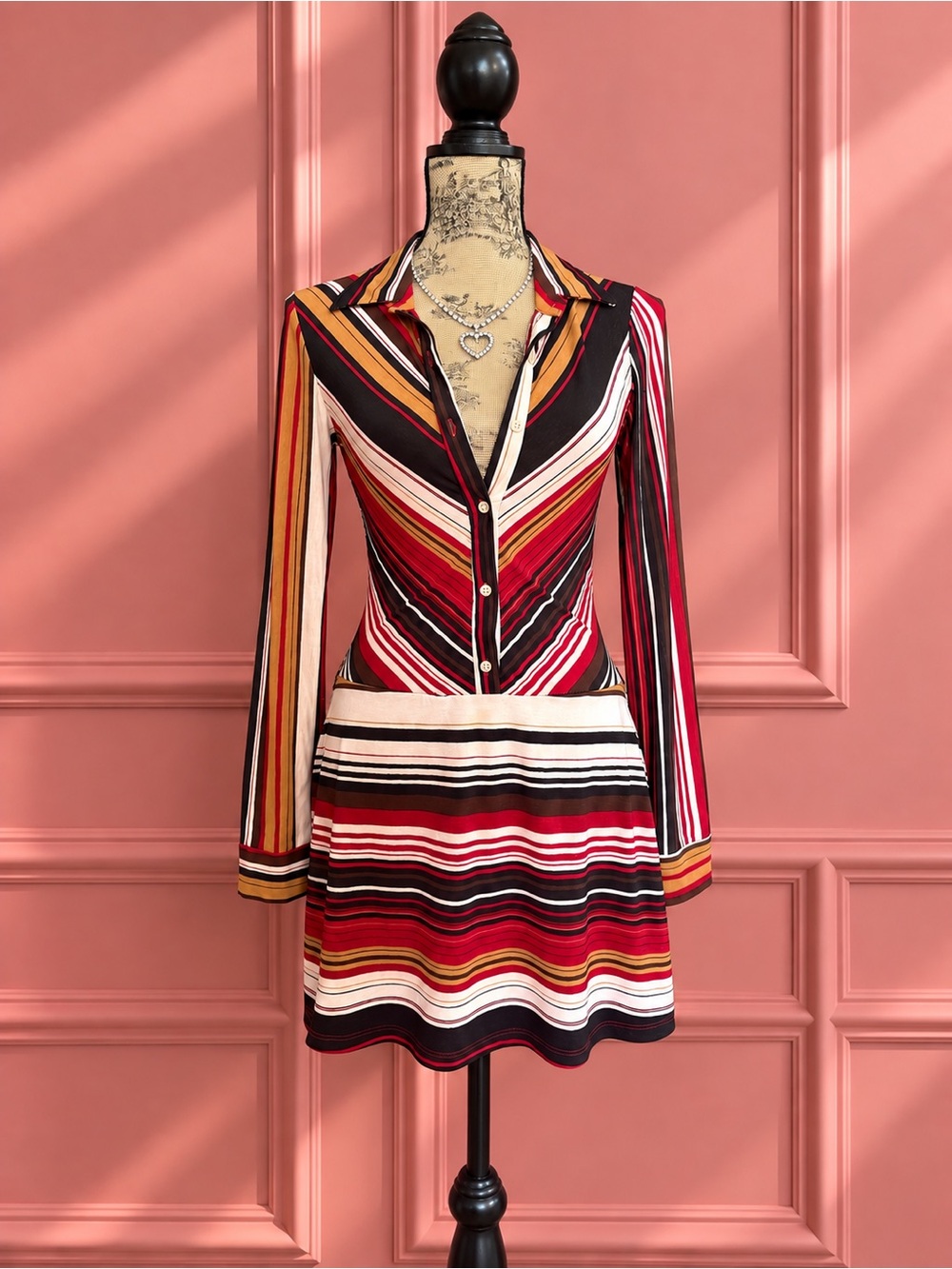 Y2K Sirens Striped Long-Sleeve Collared Dress